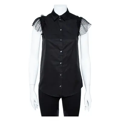 N21 Black Cotton Grid Lace Paneled Feather Trim Shirt