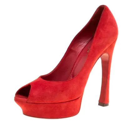 Saint Laurent Red Suede Palais Platform Peep Toe Pumps Size