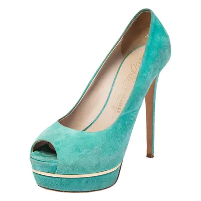 Le Silla Green Suede Peep Toe Platform Pumps Size