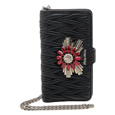 Miu Miu Black Matelasse Leather Flower Embellished iPhone Plus Case