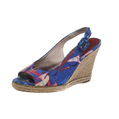 CH Carolina Herrera Blue Printed Fabric Cork Wedge Peep Toe Slingback Sandals Size