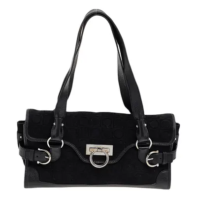 Salvatore Ferragamo Black Gancini Velvet And Leather Shoulder Bag