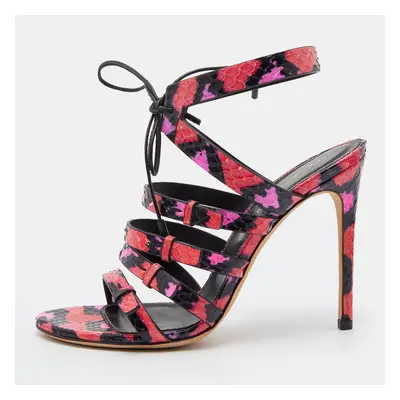 Sergio Rossi Pink/Black Python Leather Ankle Tie Up Strappy Sandals Size