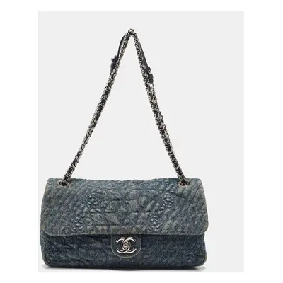 Chanel Blue Quilted Denim CC Camelia Embroidered Flap Bag