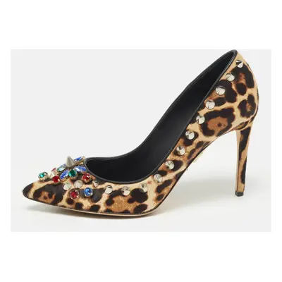 Dolce & Gabbana Brown/Beige Leopard Print Calf Hair Studded Pumps Size 37.5