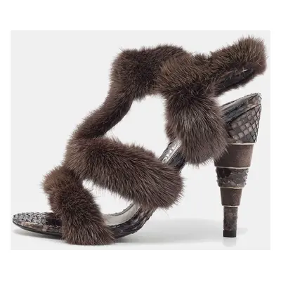 Salvatore Ferragamo Brown Fur and Python Leather Ankle Strap Sandals 38.5