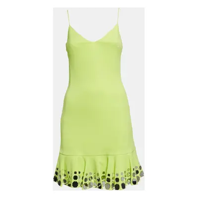 David Koma Neon Green Mirror Embellished Jersey Flutter Mini Dress