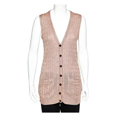 Ralph Lauren Pale Pink Linen Cable Knit Sleeveless Button Front Cardigan