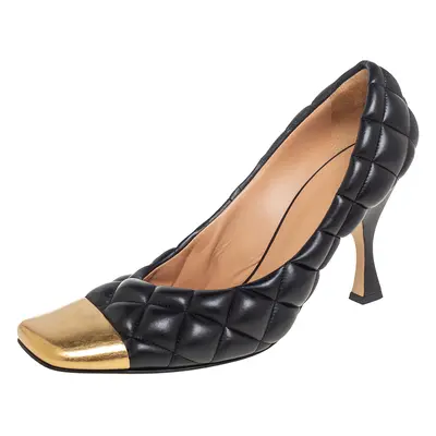 Bottega Veneta Quilted Black Leather Square Metal Cap Toe Pumps Size