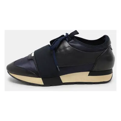 Balenciaga Navy Blue Leather and Satin Race Runner Low Top Sneakers Size