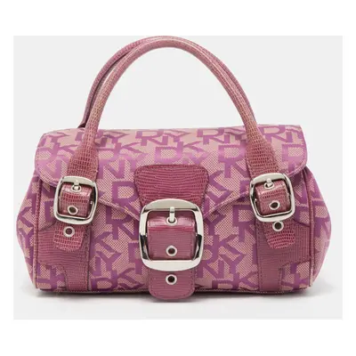 Dkny Magenta Signature Canvas and Lizard Embossed Leather Buckle Flap Satchel