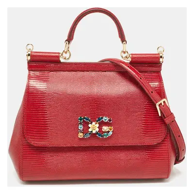 Dolce & Gabbana Red Lizard Embossed Leather Miss Sicily Top Handle Bag