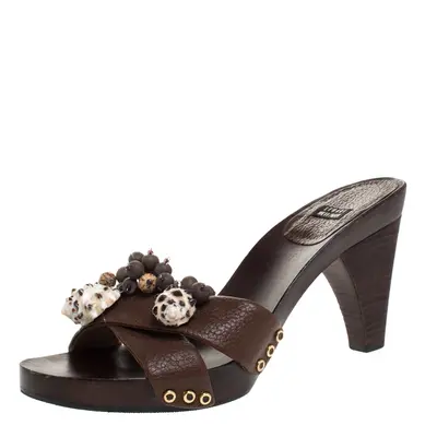 Stuart Weitzman Brown Leather Conch Shell And Bead Embellished Wooden Platform Sandals Size