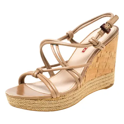 Prada Sport Beige Leather Strappy Cork Wedge Espadrille Platform Sandals Size 37.5