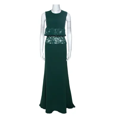 Elie Saab Green Crepe Lace Insert Sleeveless Maxi Dress