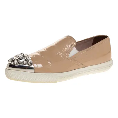 Miu Miu Beige Patent Leather Crystal Embellished Pointed Cap Toe Slip On Sneakers Size