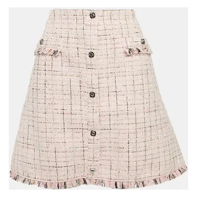 Maje Pink Lurex Tweed Fringed Hem Knee-Length Skirt