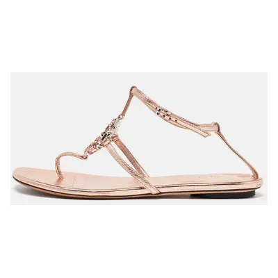 Gucci Metallic Leather Crystal Embellished GG Thong Flat Sandals Size