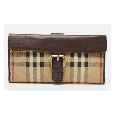 Burberry Brown/Beige Haymarket PVC and Leather Buckle Flap Continental Wallet