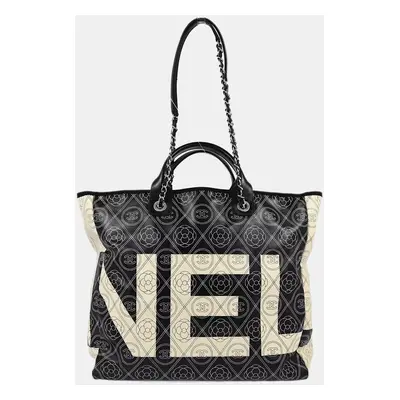 Chanel Black Printed Coated Canvas Logo Camellia Shopping Tote Bag