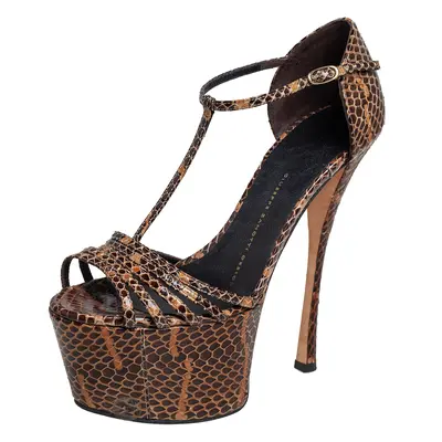 Giuseppe Zanotti Brown/Beige Python Leather T Strap Sasha Platform Sandals Size