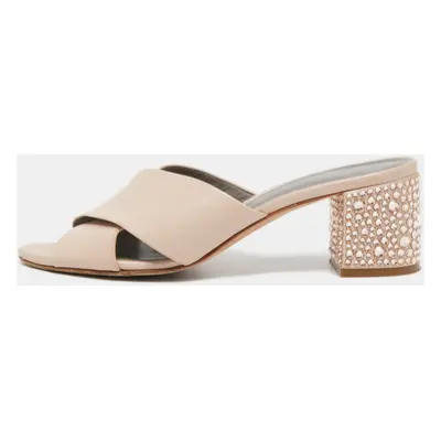 Gina Light Pink Leather Crystal Embellished Heel Slide Sandals Size