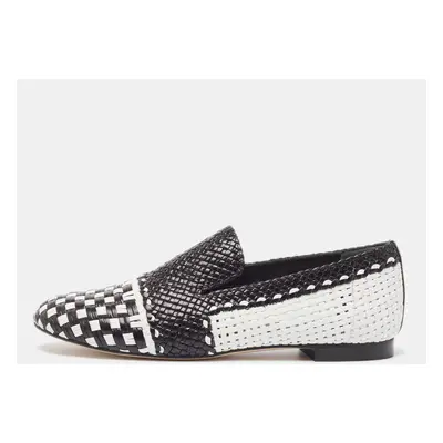 Stuart Weitzman Black/White Woven Leather Riviera Smoking Slippers Size