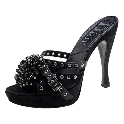 Dior Black Perforated Suede And Python Embellished Platform Slide Sandals Size