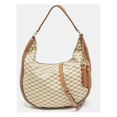 Michael Kors Beige/Brown Signature Coated Canvas and Leather Lauryn Hobo