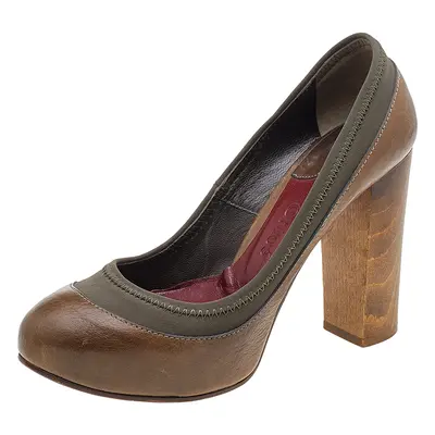 Chloe Brown/Olive Green Leather And Fabric Block Heel Platform Pumps Size