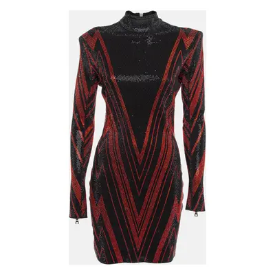 Balmain Black/Red Chevron Patterned Crystal Embellished Jersey Mini Dress