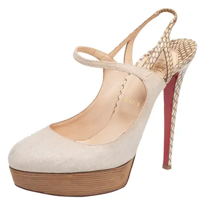 Christian Louboutin Beige Canvas and Snakeskin Fine Bretelle Slingback Pumps Size 39.5