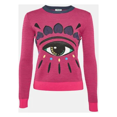 Kenzo Pink Logo Eye Embroidered Wool Knit Crew Neck Sweater