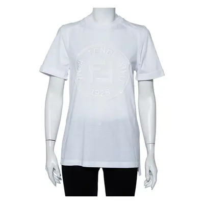 Fendi White Sequin Embellished Logo Embroidered Cotton Fringed Detail T shirt