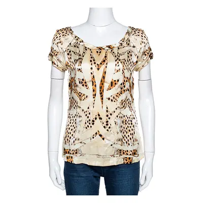 Roberto Cavalli Cream and Beige Silk Leopard Print Short Sleeve Top