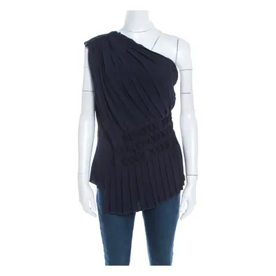 Escada Navy Blue Pleated Crepe Honeycomb Smocking Detail One Shoulder Nienke Top