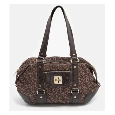 DKNY Dark Brown Monogram Canvas And Leather Satchel