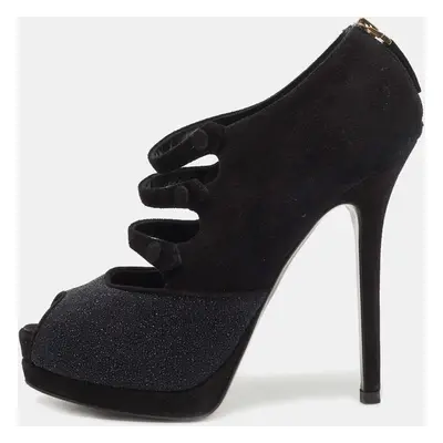 Fendi Black Suede and Glitter Peep Toe Booties Size