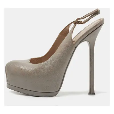 Saint Laurent Grey Leather Tribtoo Platform Slingback Pumps Size