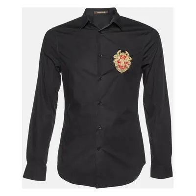 Roberto Cavalli Black Cotton Logo Crest Embroidered Button Front Shirt