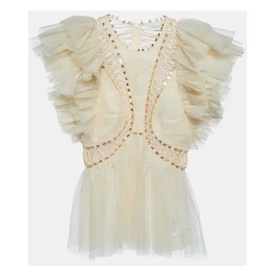 Zimmermann Cream Embellished Glitter Tulle Dancer Ruffled Top