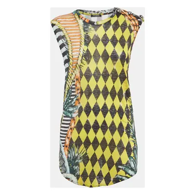 Balmain Vintage Multicolor Printed Linen Knit Buttoned Detail Tank Top