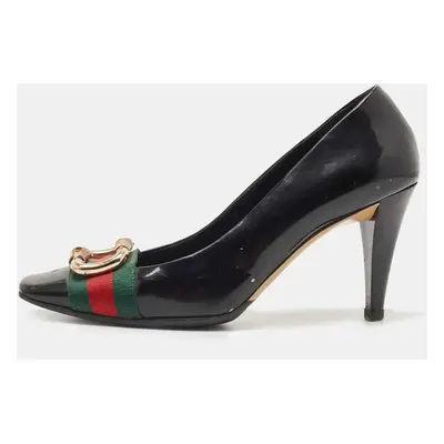 Gucci Black Patent Leather and Canvas Web Bamboo Buckle Pumps Size