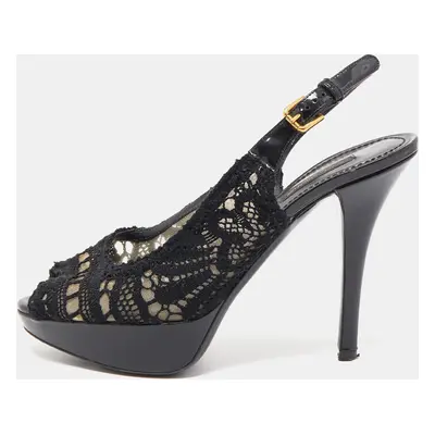 Dolce & Gabbana Black Lace Peep Toe Platform Slingback Pumps Size 37.5