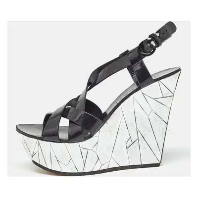 Casadei Black/Silver Patent Leather Mirrored Crack Wedge Sandals Size