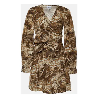 Ganni Brown Abstract Print Poplin Wrap Dress