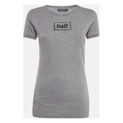 Dolce & Gabbana Grey Logo Embellished Cotton Knit T-Shirt