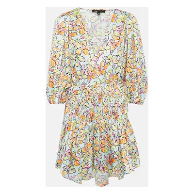 Maje Multicolor Floral Print Satin Cut-Out Smocked Mini Dress