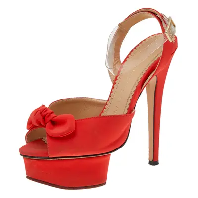 Charlotte Olympia Orange Satin Serena Bow Ankle Strap Platform Sandals Size