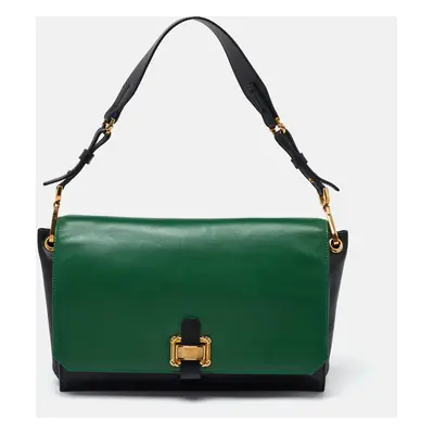 Oscar de la Renta Green/Black Leather Flap Shoulder Bag